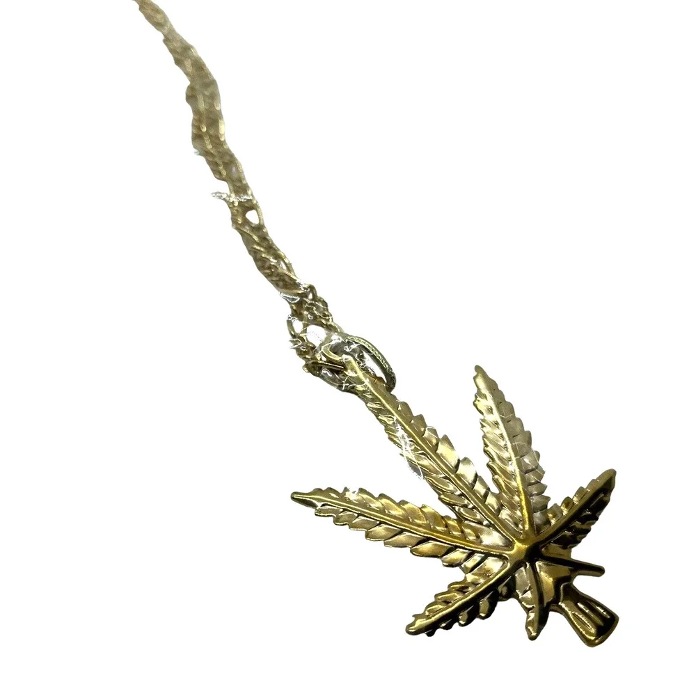 Marijuana Leaf Necklace Ganja Weed Pot Pendant Gold Tone 30